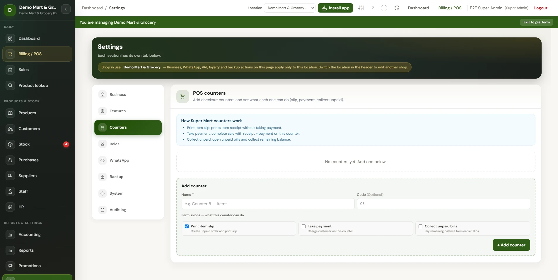Billing counter settings screen