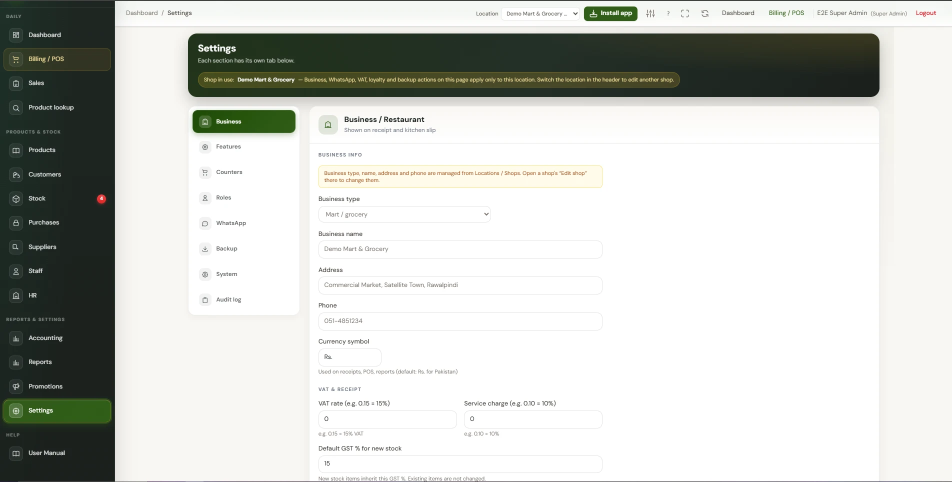 KaroBaryaar settings showing tax and shop configuration