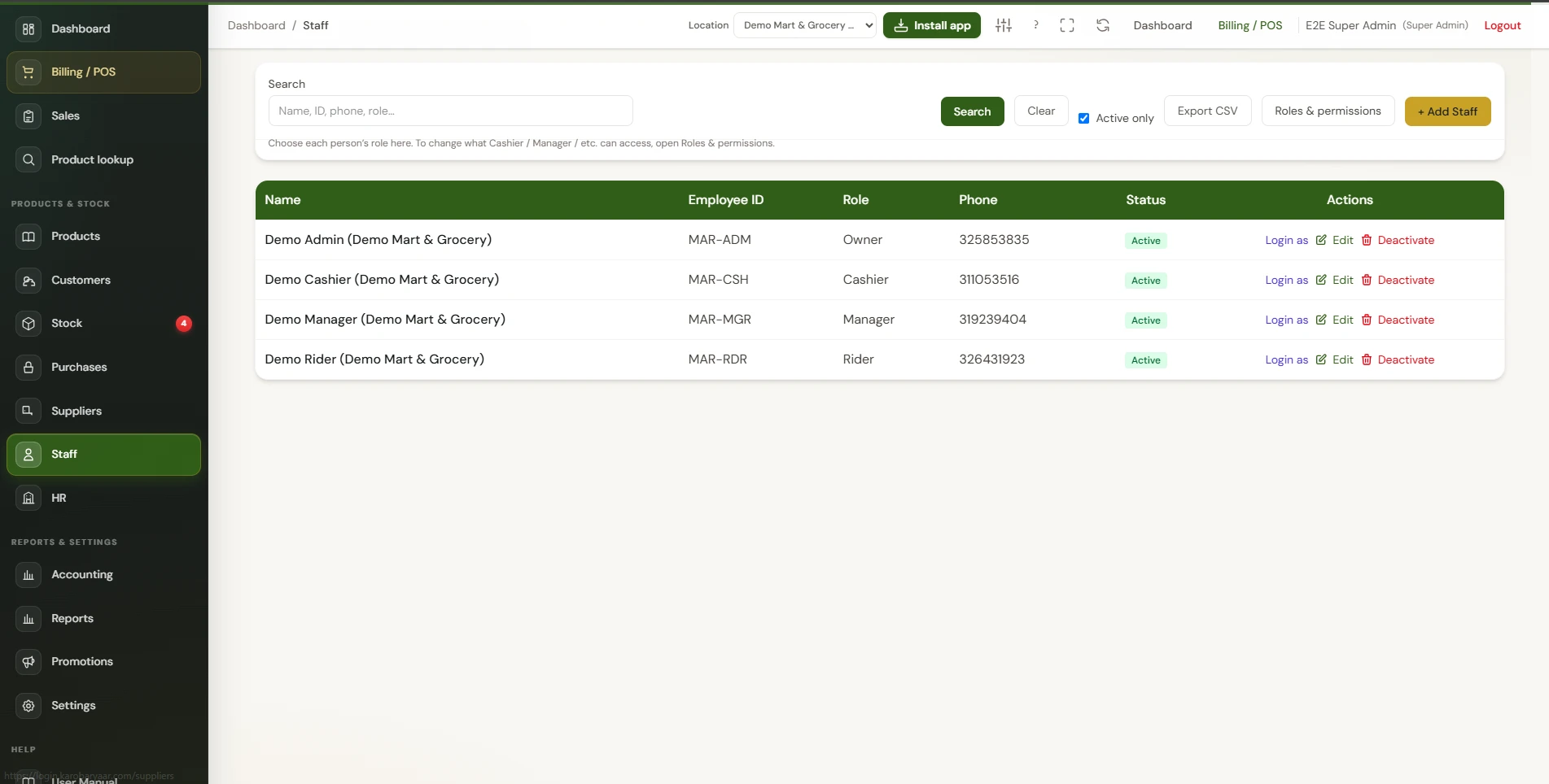 Staff management screen